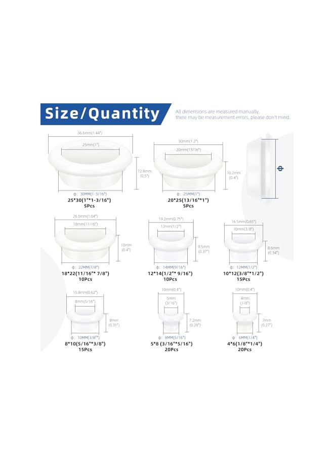 Glarks 100pcs 8 Sizes Round Hollow Rubber Grommet Set, White Drill Hole Double Sided Hollow Firewall Hole Plugs, Round Electrical Wiring Gasket for Wire, Tables, Pump, Plumbing - Image 2