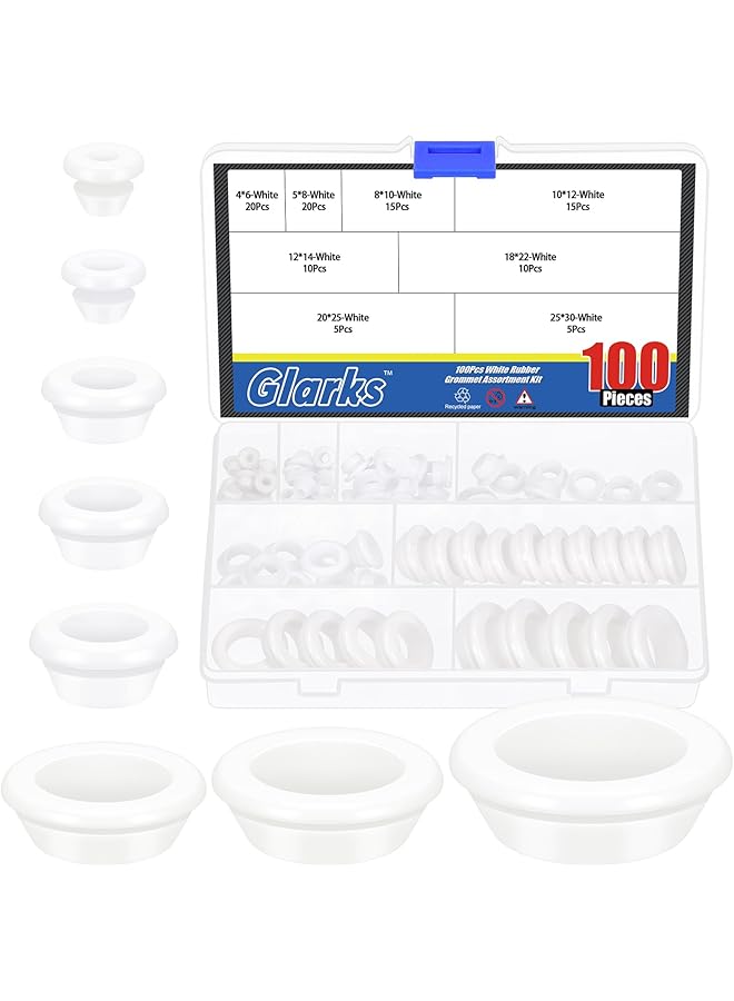 Glarks 100pcs 8 Sizes Round Hollow Rubber Grommet Set, White Drill Hole Double Sided Hollow Firewall Hole Plugs, Round Electrical Wiring Gasket for Wire, Tables, Pump, Plumbing - Image 1