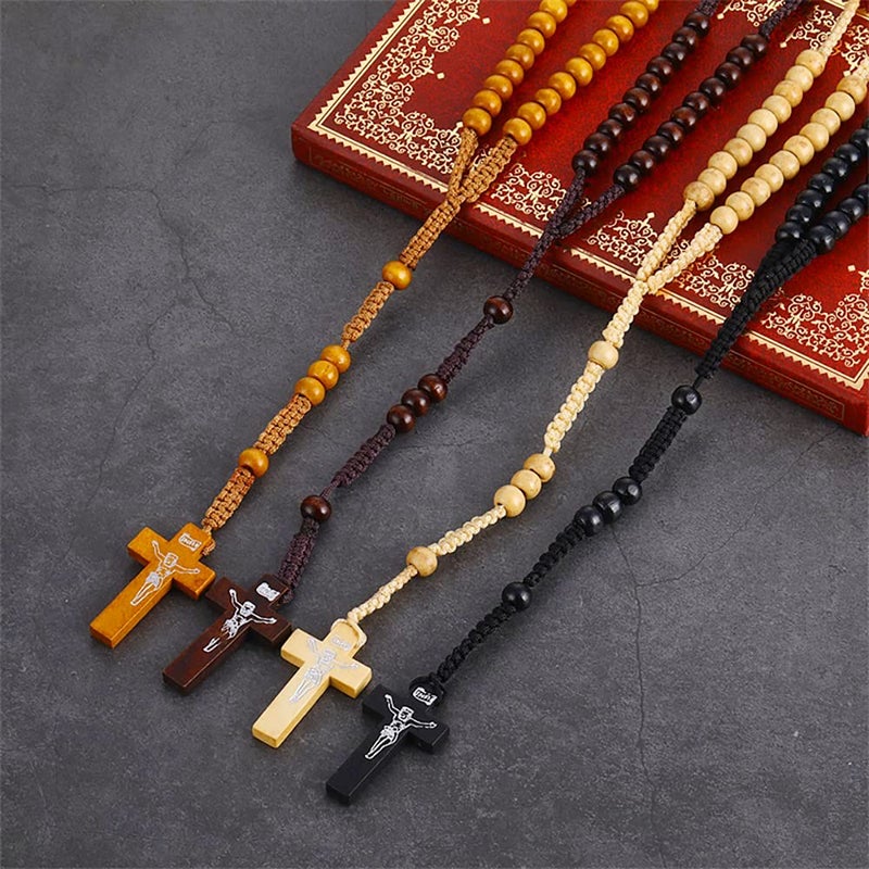 CHENGXIN, 4 Pcs Wooden Rosary Beads Catholic Necklace for Men Handmade Religious Crucifix Prayer Jesus Imprint Crosses Pendant Necklaces - Image 2