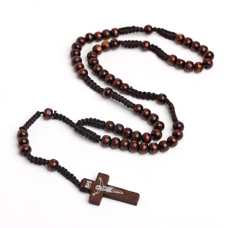 CHENGXIN, 4 Pcs Wooden Rosary Beads Catholic Necklace for Men Handmade Religious Crucifix Prayer Jesus Imprint Crosses Pendant Necklaces - Image 4