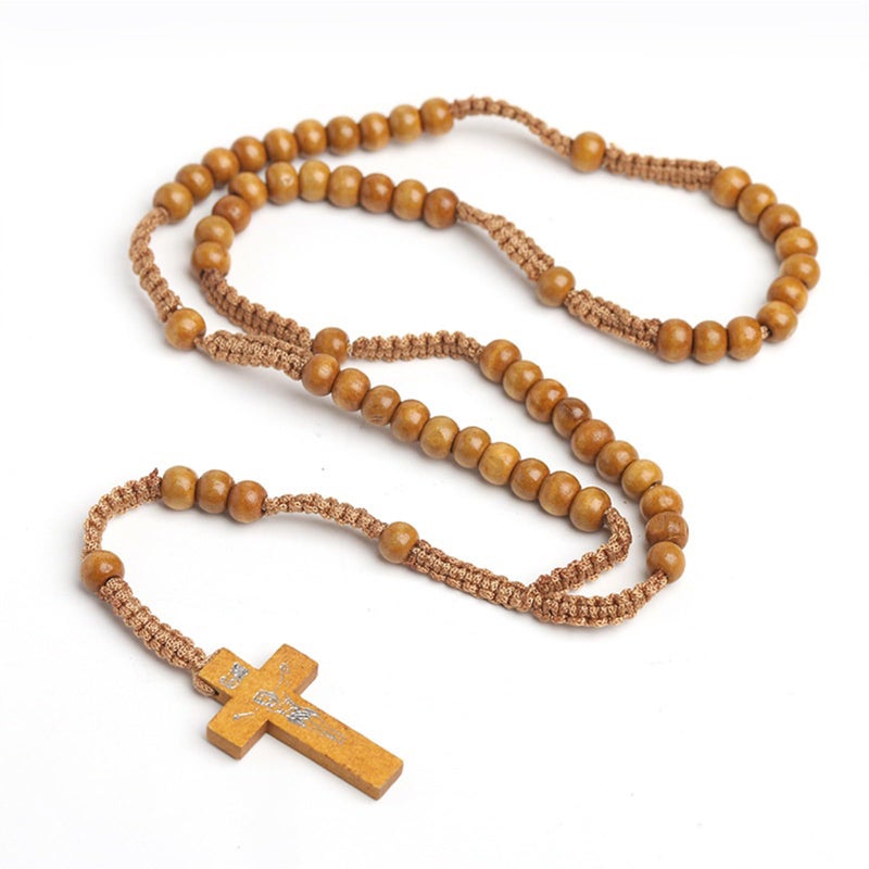 CHENGXIN, 4 Pcs Wooden Rosary Beads Catholic Necklace for Men Handmade Religious Crucifix Prayer Jesus Imprint Crosses Pendant Necklaces - Image 3