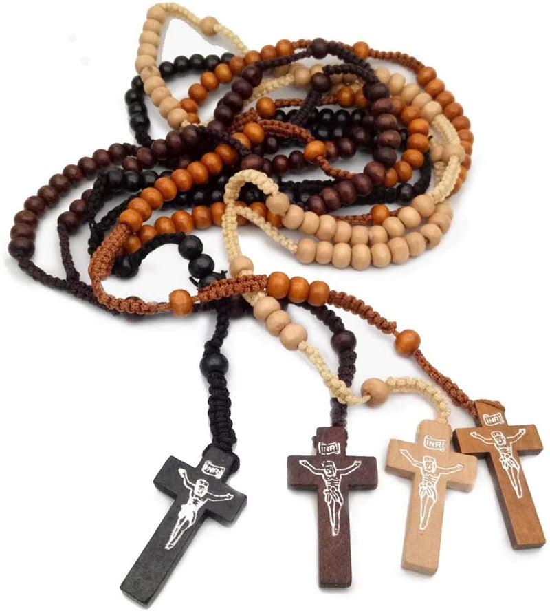 CHENGXIN, 4 Pcs Wooden Rosary Beads Catholic Necklace for Men Handmade Religious Crucifix Prayer Jesus Imprint Crosses Pendant Necklaces - Image 1