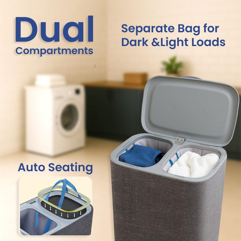 XABITAT Dual Section 90L Laundry Basket with Wheels and Lid â€“ Tall divided Double Laundry Hamper with 2 Removable Washable Bags, Large Laundry Sorter for Easy Clothes Separation - Image 3