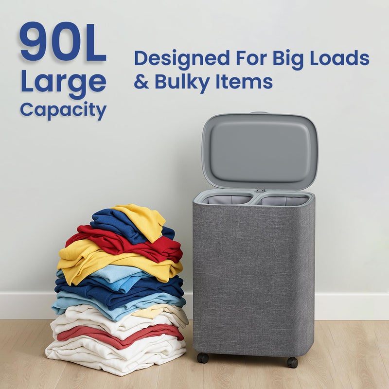 XABITAT Dual Section 90L Laundry Basket with Wheels and Lid â€“ Tall divided Double Laundry Hamper with 2 Removable Washable Bags, Large Laundry Sorter for Easy Clothes Separation - Image 4