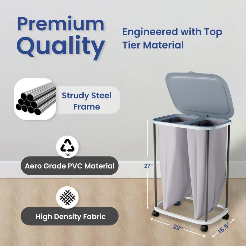 XABITAT Dual Section 90L Laundry Basket with Wheels and Lid â€“ Tall divided Double Laundry Hamper with 2 Removable Washable Bags, Large Laundry Sorter for Easy Clothes Separation - Image 5