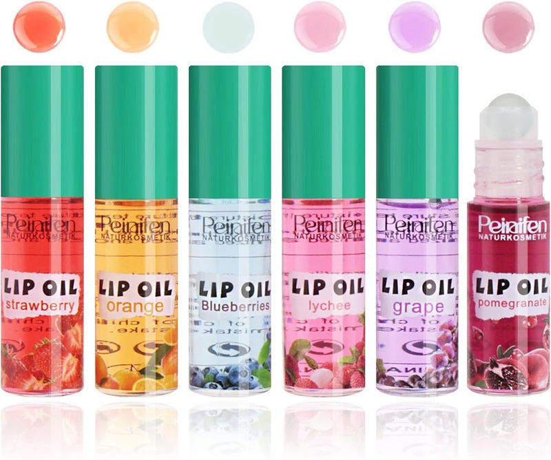6PCS Roll On Lip Gloss Set Fruit Flavored Lip Gloss Oil Hydrating Lip Glow Oil Set for Women Girls Teens Transparent Plumping Cute Jelly Lip Oil