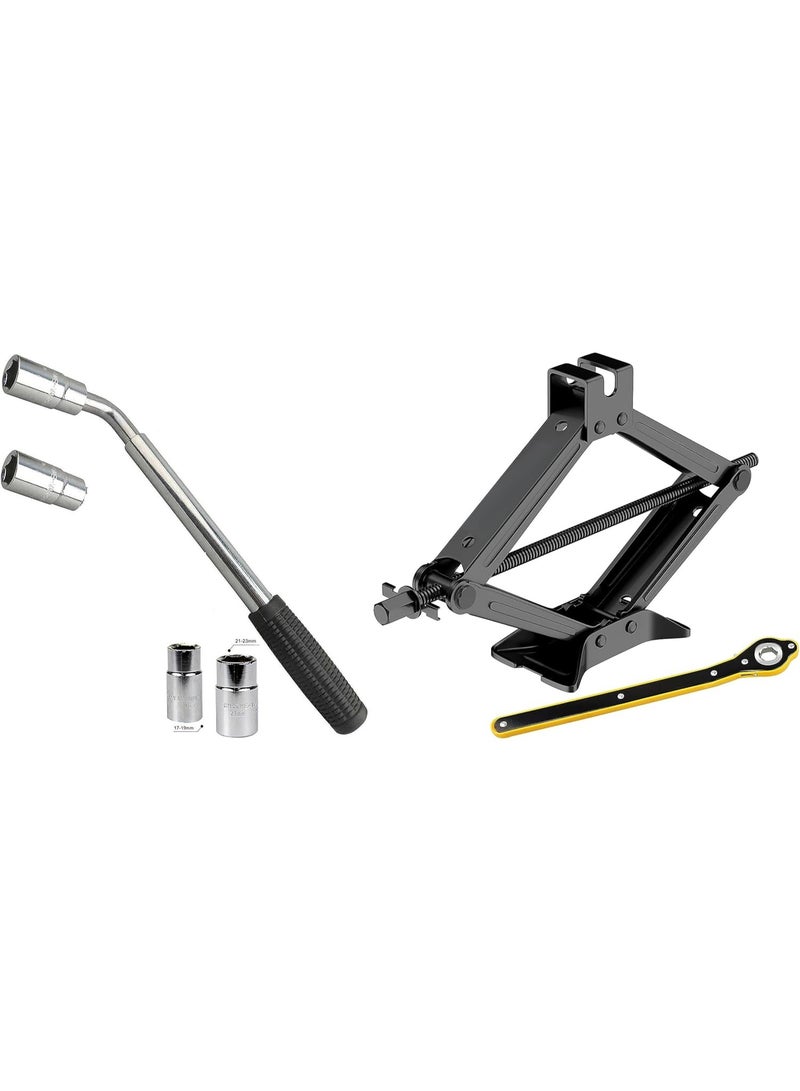 Complete Road Emergency Pack: Extendable L-Shape Wheel Wrench with Reversible Sockets & Heavy-Duty Car Lifting Jack - Universal Tire Change Kit (17/19/21/23mm) - Image 1