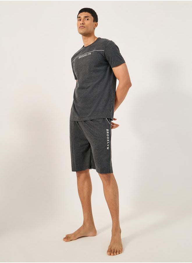 Styli Chest Print Crew Neck T-Shirt and Shorts Set  - Image 1