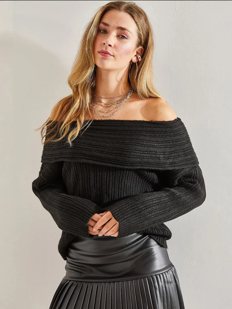 Bianco Lucci LUCCI Off Shoulder Ribbed Knit Sweater