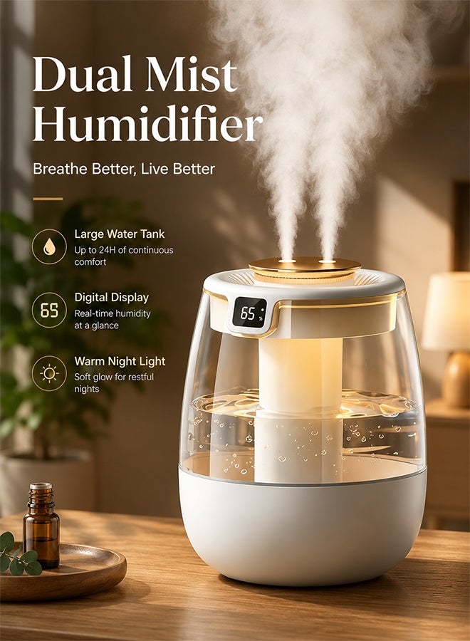 Univer Tang 2L Humidifier with Light and Humidity Display, Humidifier and Air Purifier with 2 Nozzles and Night Light Function, Quiet,Humidifier for Home Dormitory Office Bedroom Desttop,White - Image 3