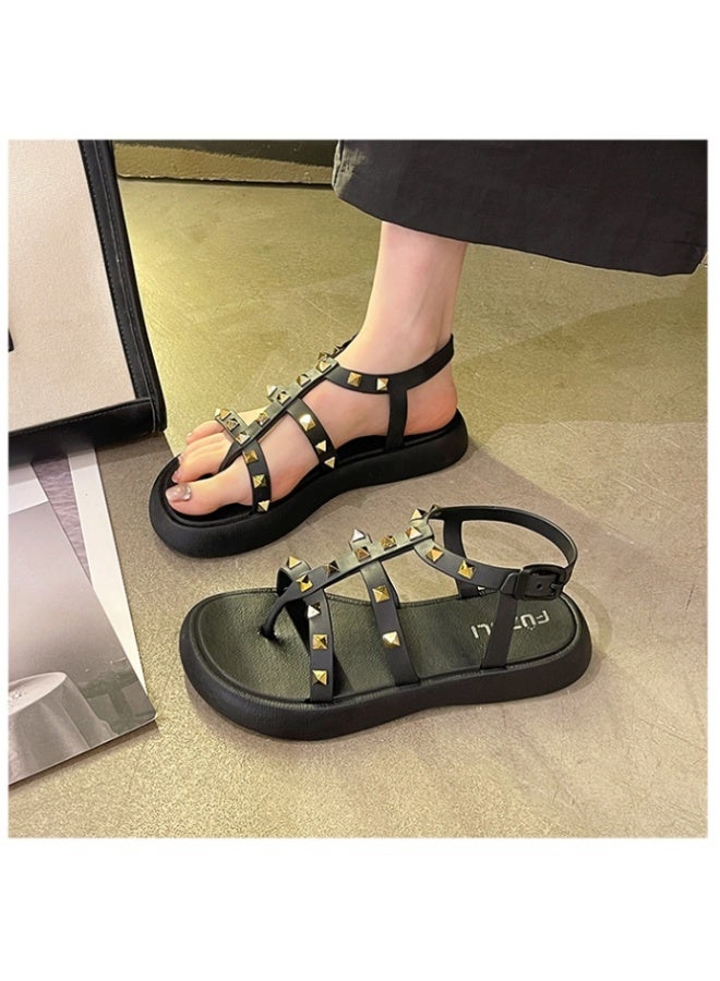 NIBEMINENT صنادل نسائية على الطراز الفرنسي صيفية عصرية كاجوال بقاعدة سميكة حزام روماني أحذية سيدات - Image 3