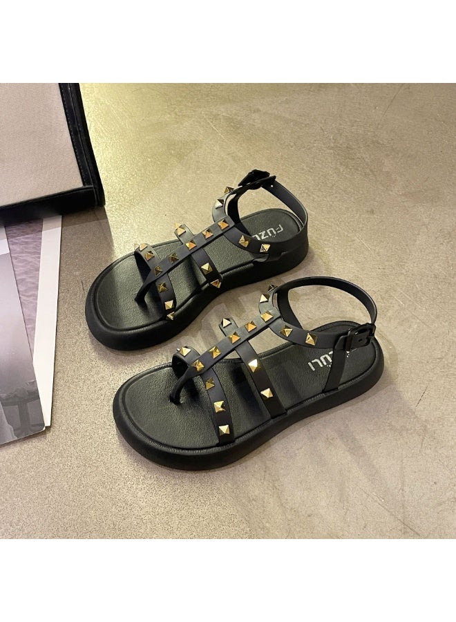 NIBEMINENT صنادل نسائية على الطراز الفرنسي صيفية عصرية كاجوال بقاعدة سميكة حزام روماني أحذية سيدات - Image 1