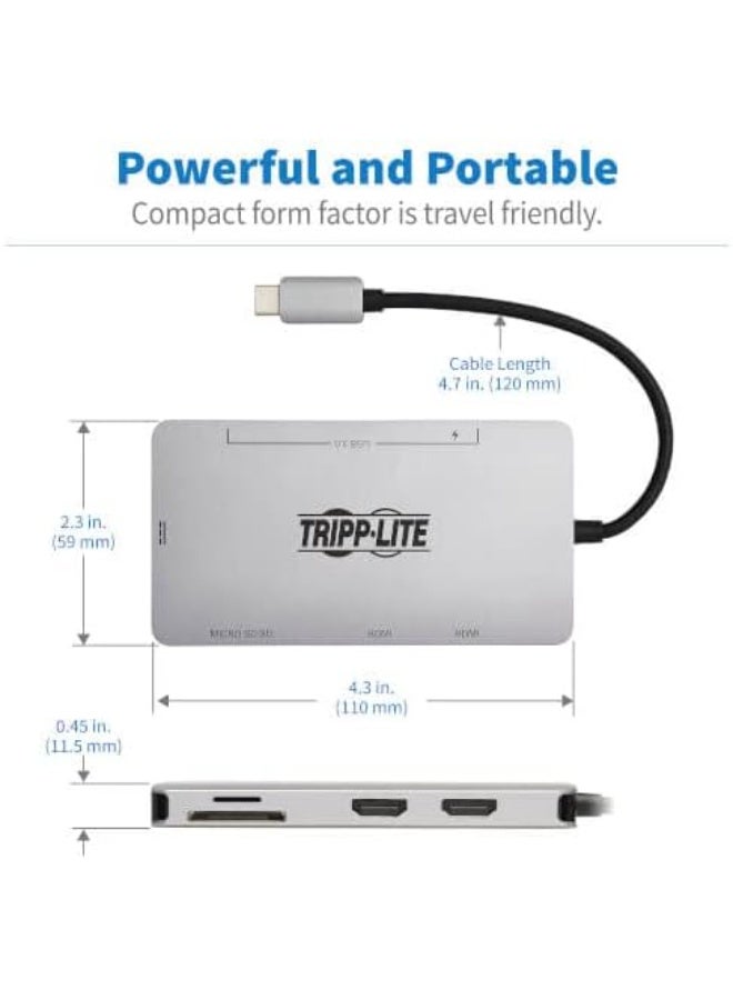 Tripp Lite USB-C Two-Monitor HDMI Laptop/Smart Phone Docking Station, 4K @ 60 Hz (4:4:4), USB-A Hub, SD & MicroSD Memory Card, 100W Power Delivery USB-C Charging (U442-DOCK8-GG) - Image 4