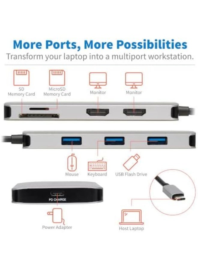 Tripp Lite USB-C Two-Monitor HDMI Laptop/Smart Phone Docking Station, 4K @ 60 Hz (4:4:4), USB-A Hub, SD & MicroSD Memory Card, 100W Power Delivery USB-C Charging (U442-DOCK8-GG) - Image 5