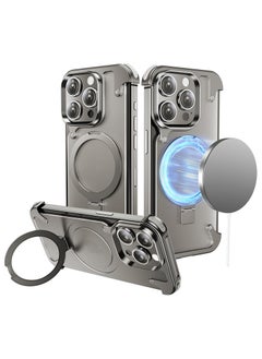 Metal Frameless Case for iPhone 15 Promax with Magsafe Kickstand [Screen Protector], Slim Hard Shockproof Thin for iPhone 15 Pro Max Case with Ring Holder Invisible Stand, Natural Titanium