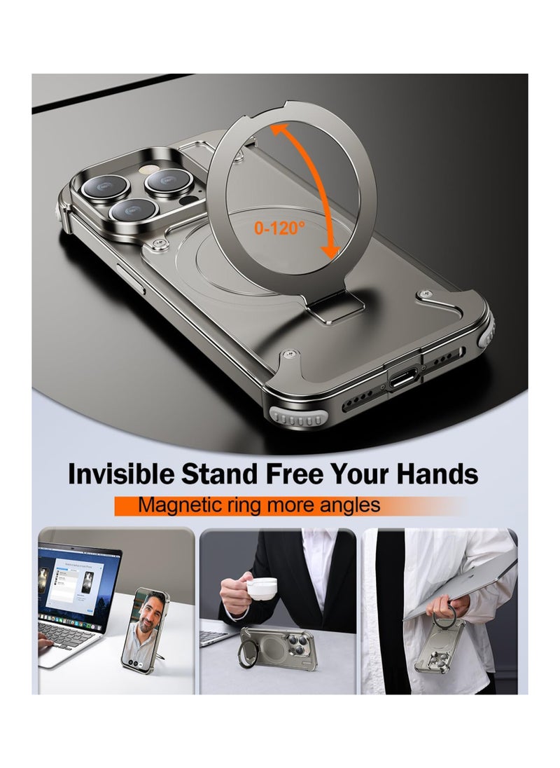 Excefore - Metal Frameless Case for iPhone 15 Promax with Magsafe Kickstand [Screen Protector], Slim Hard Shockproof Thin for iPhone 15 Pro Max Case with Ring Holder Invisible Stand, Natural Titanium - Image 1