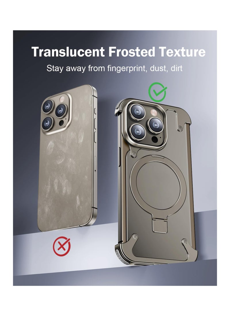 Excefore - Metal Frameless Case for iPhone 15 Promax with Magsafe Kickstand [Screen Protector], Slim Hard Shockproof Thin for iPhone 15 Pro Max Case with Ring Holder Invisible Stand, Natural Titanium - Image 1