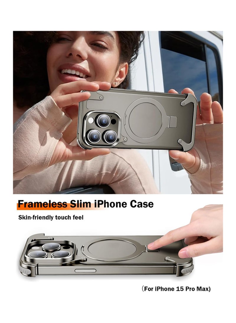 Excefore - Metal Frameless Case for iPhone 15 Promax with Magsafe Kickstand [Screen Protector], Slim Hard Shockproof Thin for iPhone 15 Pro Max Case with Ring Holder Invisible Stand, Natural Titanium - Image 1