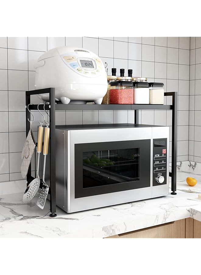 erorex 2 Tier Microwave Oven Rack Expandable And Height Adjustable Microwave Shelf Kitchen Counter Shelf And Organizer With 3 Hooks Carbon Steel 55Lbs Weight Capacity Matte Black - Image 1