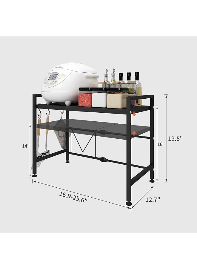 erorex 2 Tier Microwave Oven Rack Expandable And Height Adjustable Microwave Shelf Kitchen Counter Shelf And Organizer With 3 Hooks Carbon Steel 55Lbs Weight Capacity Matte Black - Image 3