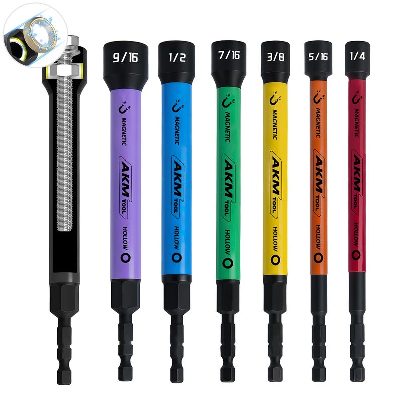 AKM TOOL 6 PCS Hollow Nut Driver Set, Magnetic nut driver set, Hollow Shaft Nut Driver Set, SAE, Color Coded, Hex Sizes, 1/4 to 9/16-Inch, Nut Setter, Hollow Nut Driver with 5-Inch Extended Reach - Image 1