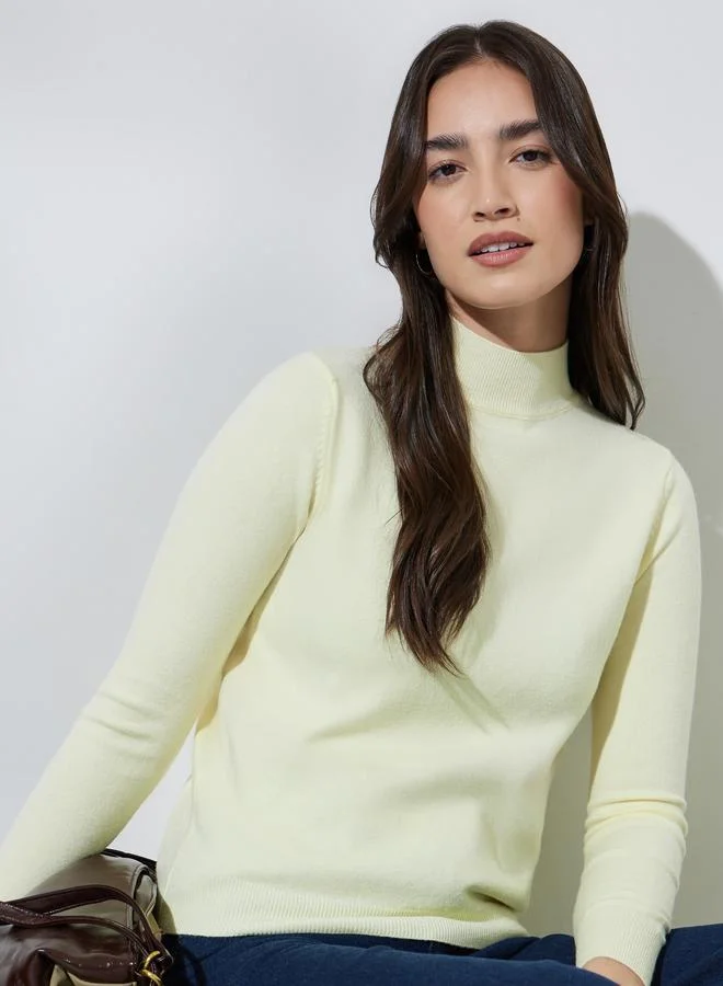 ستايلي Off White Solid High Neck Ribbed Jumper