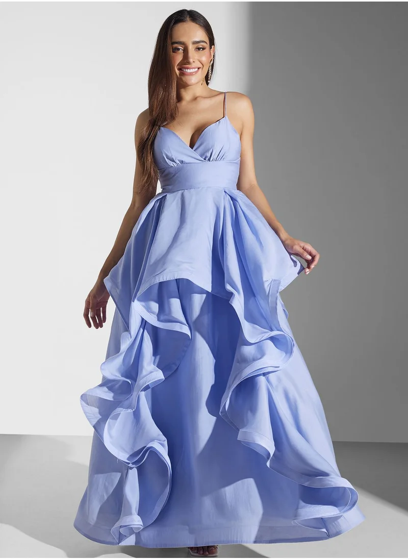 True Decadence Surplice Neck Ruffle Dress