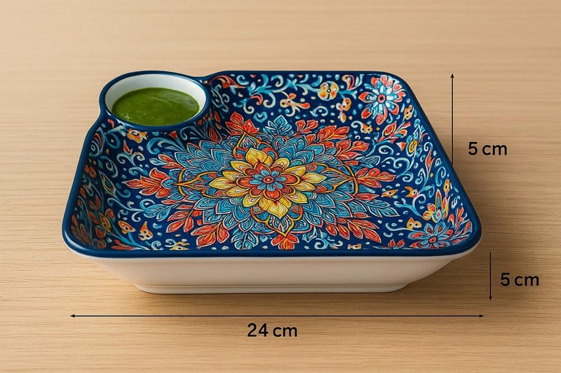 CORALTREE CORAL TREE Premium Ceramic Snack Plate with Dip Bowl (24 x 24 cm) – Square Serving Dish for Snacks, Starters, Appetizers, Dry Fruits & Party Serving - Image 5