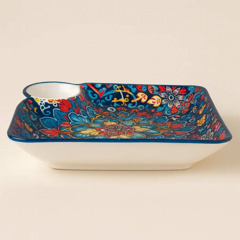 CORALTREE CORAL TREE Premium Ceramic Snack Plate with Dip Bowl (24 x 24 cm) – Square Serving Dish for Snacks, Starters, Appetizers, Dry Fruits & Party Serving - Image 2