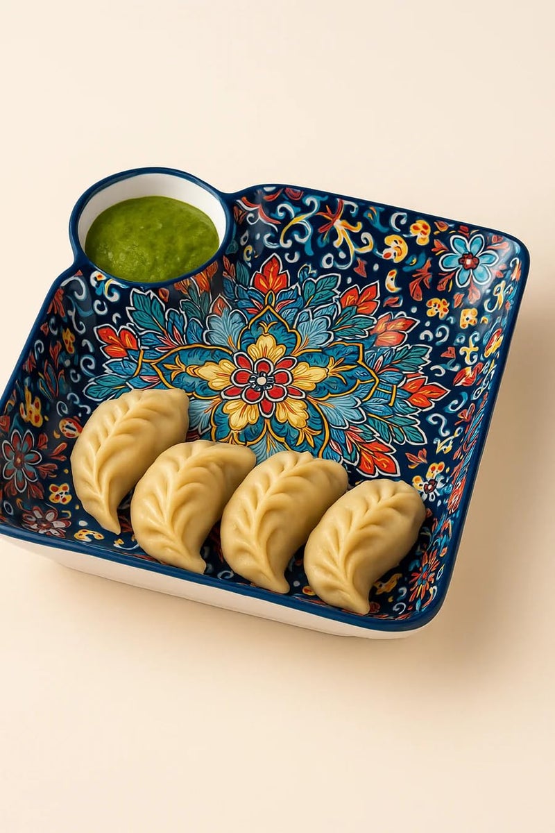 CORALTREE CORAL TREE Premium Ceramic Snack Plate with Dip Bowl (24 x 24 cm) – Square Serving Dish for Snacks, Starters, Appetizers, Dry Fruits & Party Serving - Image 4