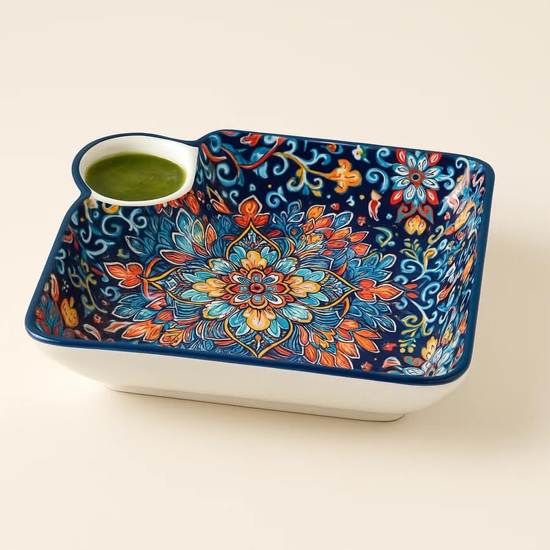 CORALTREE CORAL TREE Premium Ceramic Snack Plate with Dip Bowl (24 x 24 cm) – Square Serving Dish for Snacks, Starters, Appetizers, Dry Fruits & Party Serving - Image 3