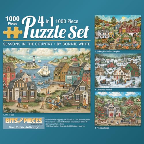 Bits and Pieces 4in1 Jigsaw Puzzle MultiPack for Adults Seasons in The Country Collection by Bonnie White Unique Random DieCut Pieces Four 1000 Piece Puzzles 20 x 27 - Image 1