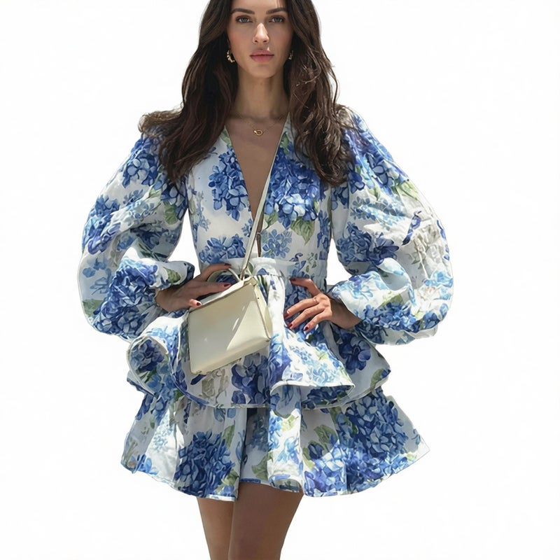 Elegant Floral Print Deep V-Neck Lantern Sleeve Dress - Image 1