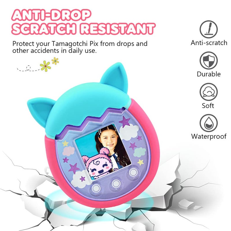 Winceed Silicone Case for Tamagotchi Pix Virtual Pet Game Machine, Protective Cover for Tamagotchi Pix Sleeve Protector Skin with Hand Strap (Turquoise+Pink) - Image 4