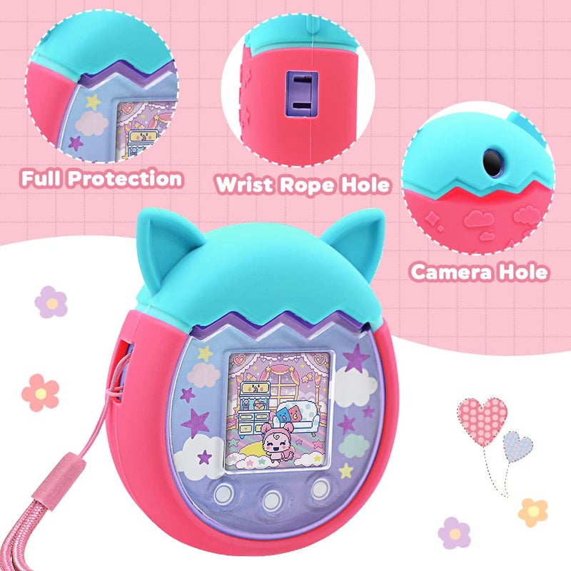 Winceed Silicone Case for Tamagotchi Pix Virtual Pet Game Machine, Protective Cover for Tamagotchi Pix Sleeve Protector Skin with Hand Strap (Turquoise+Pink) - Image 3