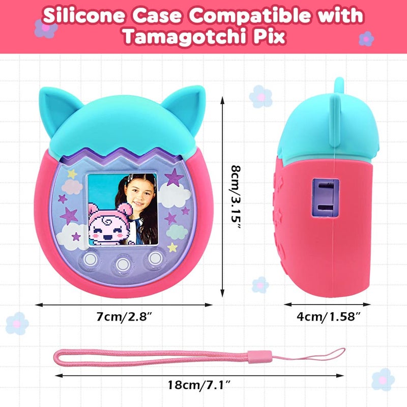 Winceed Silicone Case for Tamagotchi Pix Virtual Pet Game Machine, Protective Cover for Tamagotchi Pix Sleeve Protector Skin with Hand Strap (Turquoise+Pink) - Image 2