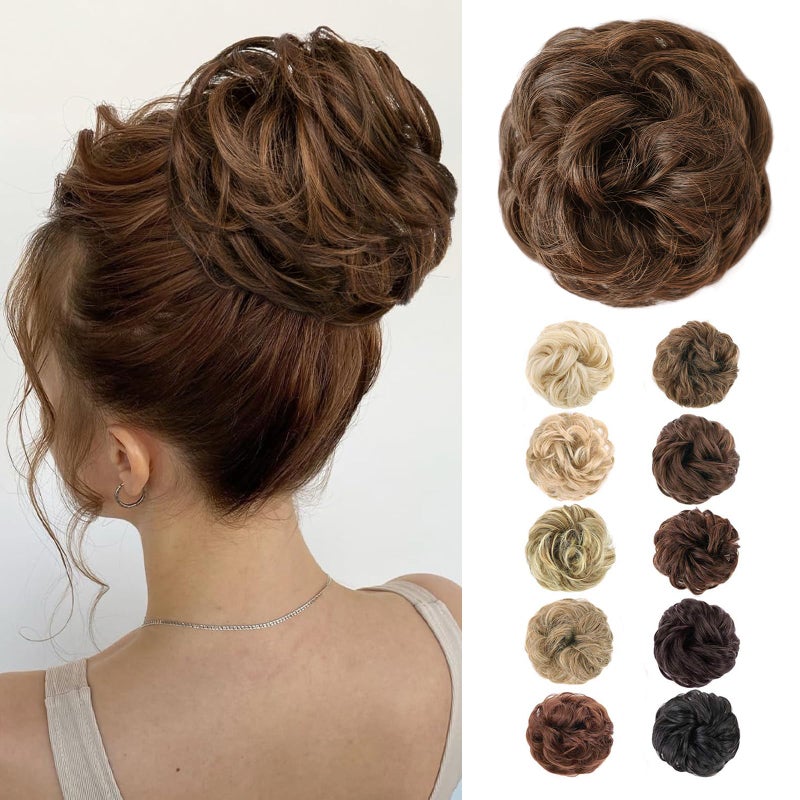 MORICA 1PCS Messy Hair Bun Hair Scrunchies Extension Curly Wavy Messy Bun Synthetic Chignon Hairpieces for Women230Darkest Brown  Light Auburn Mixed