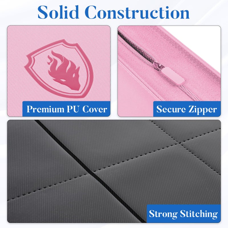 Fabmaker Premium Zip Card Binder 12 Pocket, Fabmaker 912 Pockets Trading Card Binder, PU Zipper Card Collection Album, Sturdy Side-Loading Card Book Holder for Game & Sports Cards, Pink - Image 2