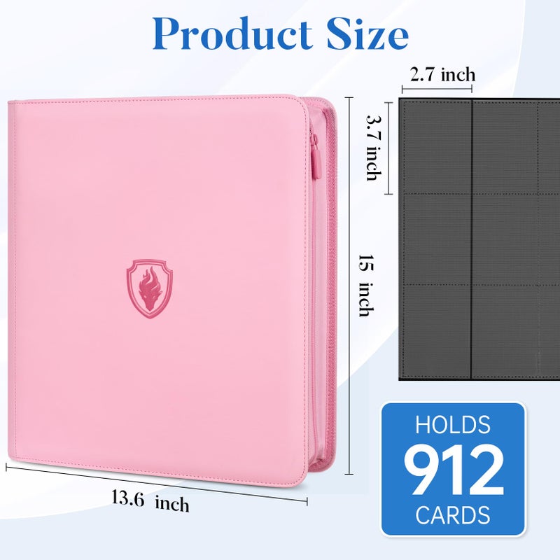 Fabmaker Premium Zip Card Binder 12 Pocket, Fabmaker 912 Pockets Trading Card Binder, PU Zipper Card Collection Album, Sturdy Side-Loading Card Book Holder for Game & Sports Cards, Pink - Image 3