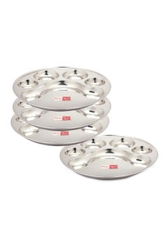 KCL KCL Stainless Steel (Heavy Guage) Round Plate - 4 Partition Divided, Lunch/Dinner/Bhojan/Thali Plates - 4 Unit - Diameter - 12 Inches Each  - Image 1