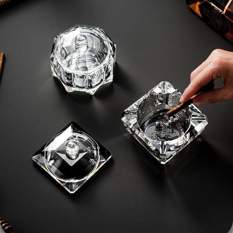 Ash Holder Square Ashtray Crystal Glass Indoor Outdoor Tabletop Ash Tray with Lid for Patio Home Office etc - Image 4