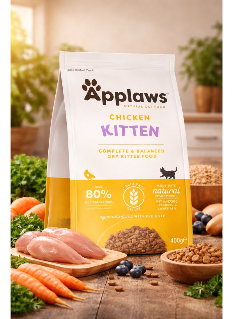 Natural Chicken Kitten Dry Food – Grain-Free Complete & Balanced Nutrition with 80% Animal Protein, Hypoallergenic Formula with Prebiotics, Vitamins & Minerals – 400g Premium Kitten Food Pack