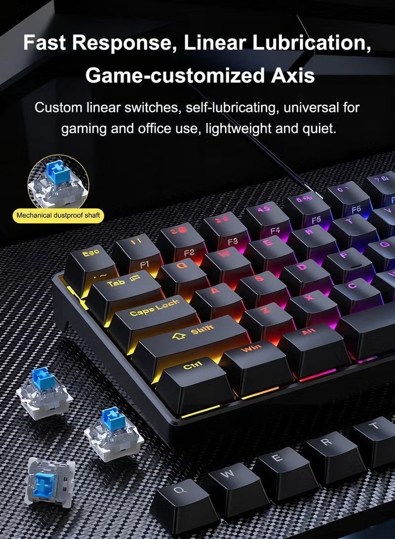 FLOWING Mechanical Gaming Keyboard 61 Keys, Blue Switch Mini Wired Keyboard, With RGB Backlight, 26 Keys Without ConflictSuitable For PC And Mac, E-Sports Portable Gaming Keyboard - Black - Image 2