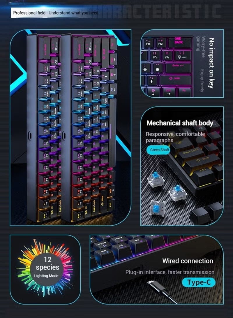 FLOWING Mechanical Gaming Keyboard 61 Keys, Blue Switch Mini Wired Keyboard, With RGB Backlight, 26 Keys Without ConflictSuitable For PC And Mac, E-Sports Portable Gaming Keyboard - Black - Image 3