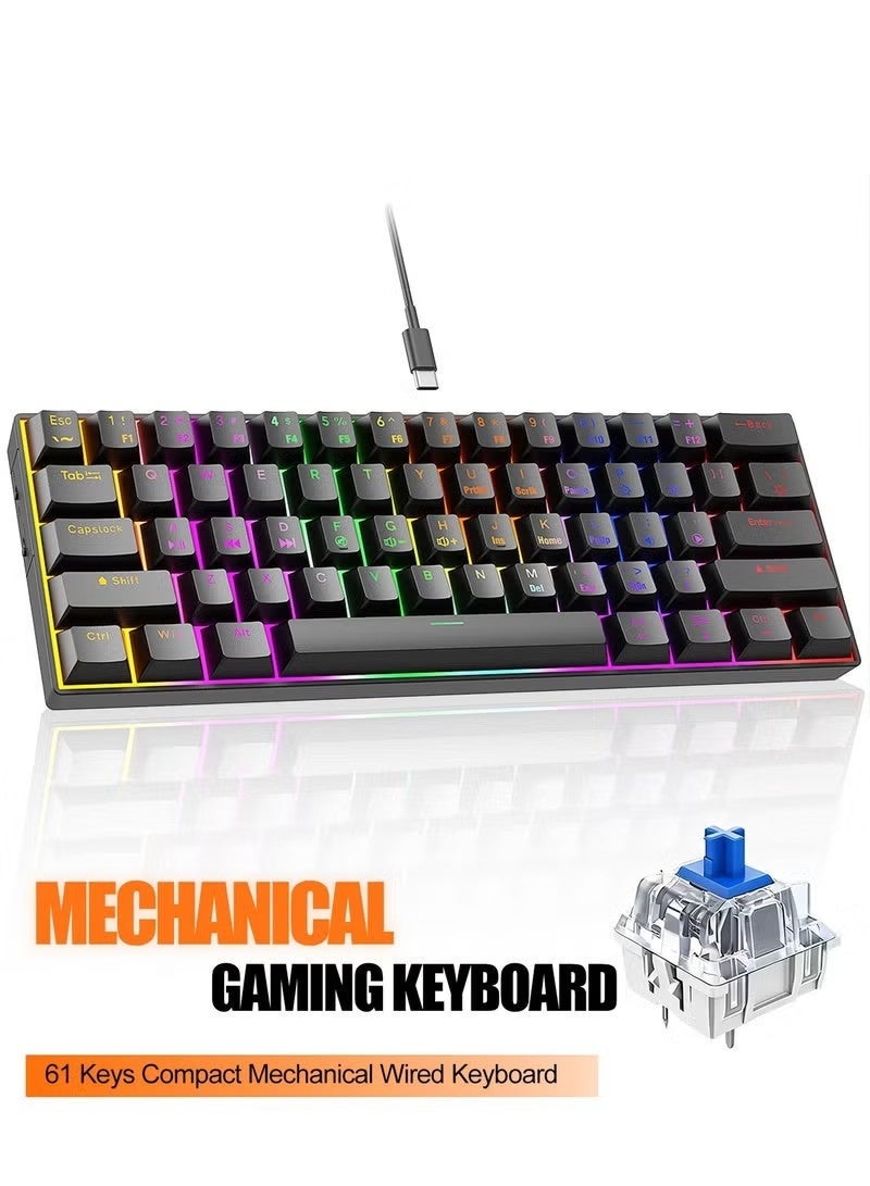 FLOWING Mechanical Gaming Keyboard 61 Keys, Blue Switch Mini Wired Keyboard, With RGB Backlight, 26 Keys Without ConflictSuitable For PC And Mac, E-Sports Portable Gaming Keyboard - Black - Image 1