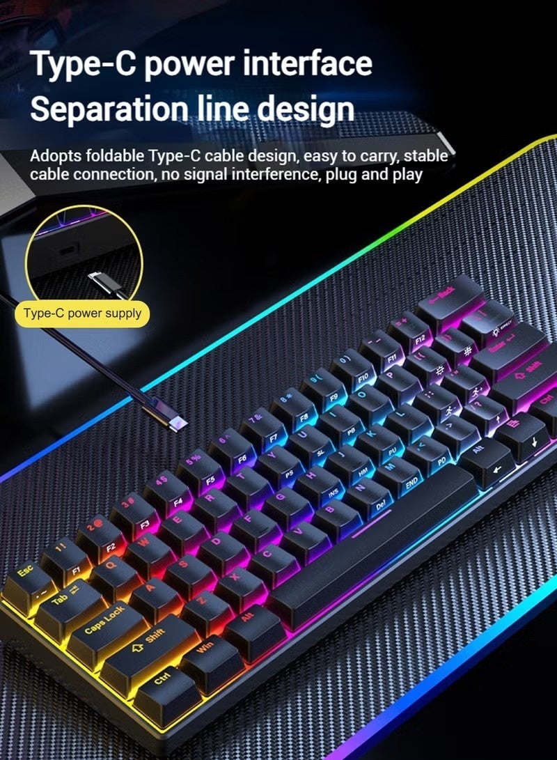 FLOWING Mechanical Gaming Keyboard 61 Keys, Blue Switch Mini Wired Keyboard, With RGB Backlight, 26 Keys Without ConflictSuitable For PC And Mac, E-Sports Portable Gaming Keyboard - Black - Image 5