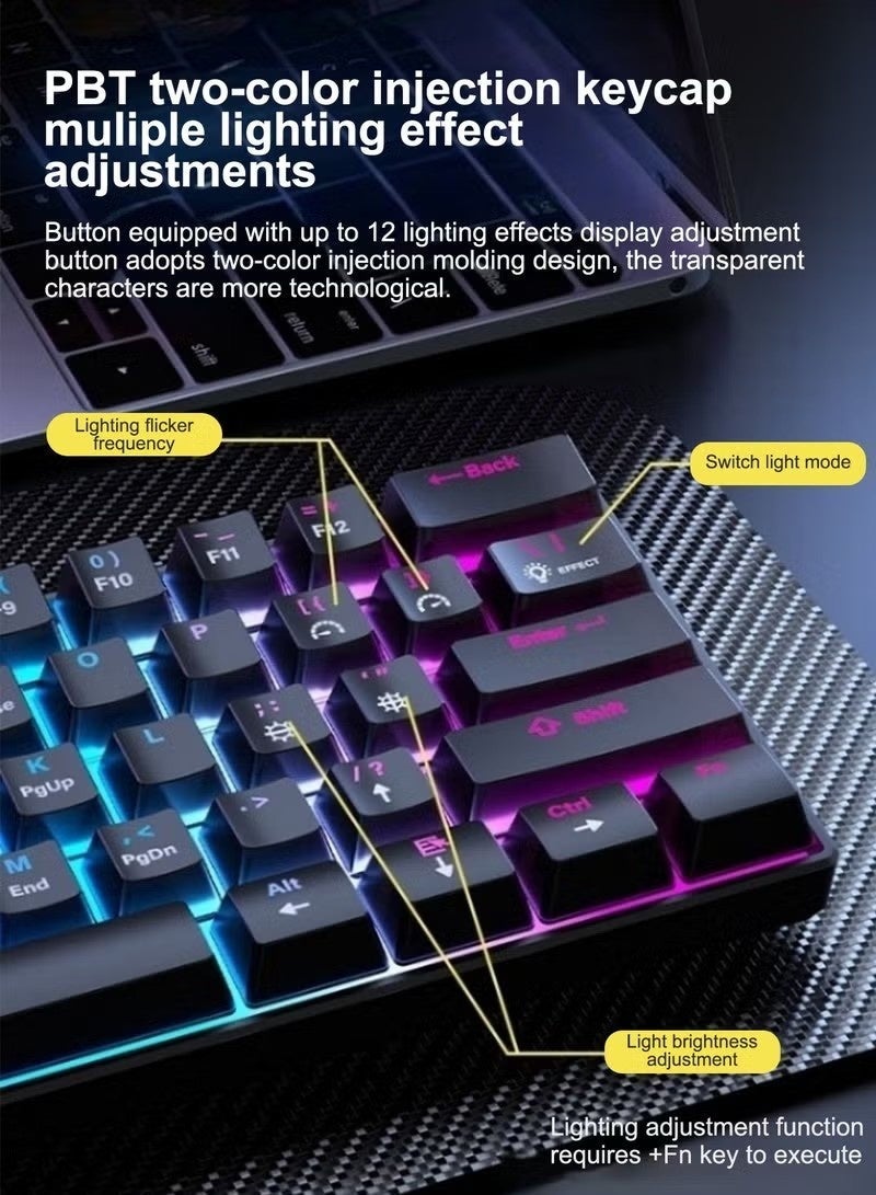 FLOWING Mechanical Gaming Keyboard 61 Keys, Blue Switch Mini Wired Keyboard, With RGB Backlight, 26 Keys Without ConflictSuitable For PC And Mac, E-Sports Portable Gaming Keyboard - Black - Image 4