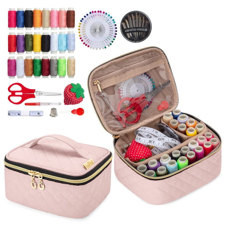 LoDrid Sewing Kit Portable Flannel Bag with Complete Sewing Supplies for Travel Sewing Repair Tool for Adult Beginner 24 Color Threads 30 Needles Sewing Accessories Dusty Rose