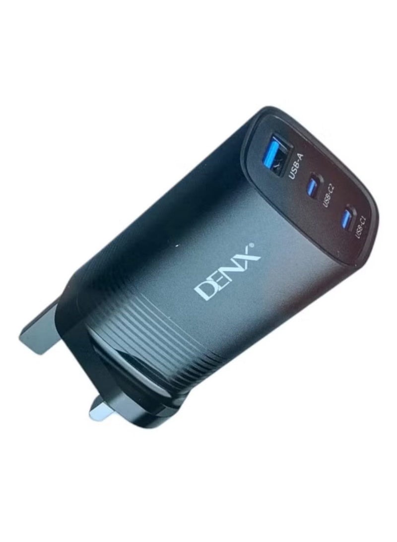 Denx 67W wall charger - 3 ports, 2 PD and 1 USB - black - Image 2