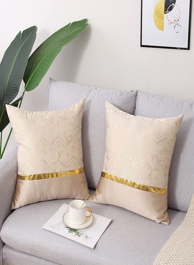 Coeufuedy Decorative Throw Pillow Covers 18x18 Inch Beige Gold Leather Striped Patchwork Jacquard Cushion Case Luxury Modern Square Cushion Cover for Sofa Couch Living Room Bedroom, Set of 2 - Image 2